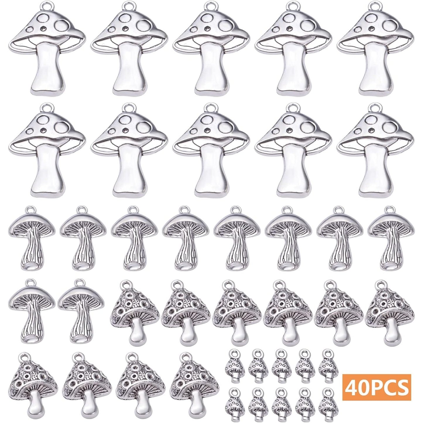 40pcs Antique Silver Mushroom Charms Pendants Tibetan Alloy Vintage Mushroom Bead Charms Jewelry Making Accessories for DIY Necklace Bracelet Earrings, 4 Styles