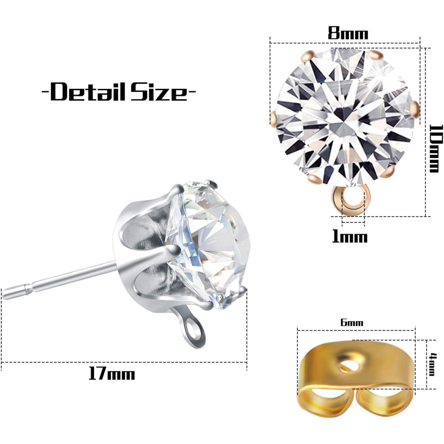 60pcs Rhinestone Earring Posts Hypoallergenic Ear Studs with Loop and 60pcs Butterfly Earring Backs Earring Stoppers for DIY Earring Jewelry Findings Accessories