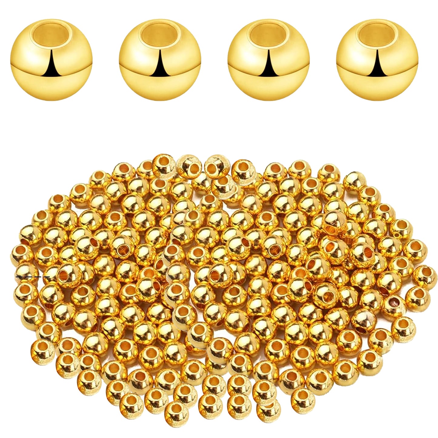 300pcs 4mm Smooth Round Spacer Beads Brass Ball Beads Tarnish Resistant Seamless Loose Connector Beads for DIY Bracelet Necklace Jewelry Making Findings, 3 Colors