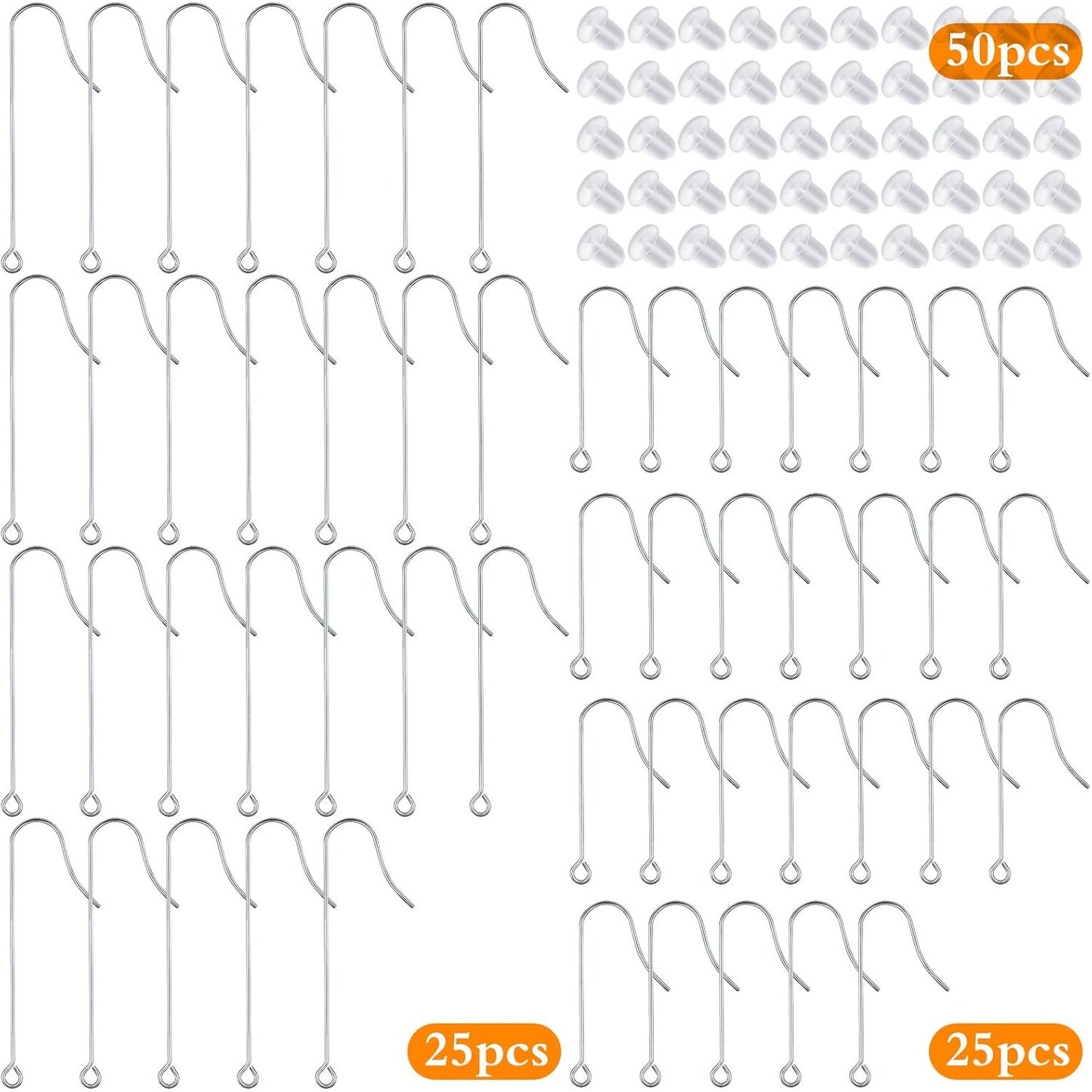 50pcs Stainless Steel Earring Hooks Hypoallergenic Ear Wire Hooks with Hanging Loop Earring Parts and 50pcs Clear Earring Backs for DIY Jewelry Making Supplies, 2 Sizes