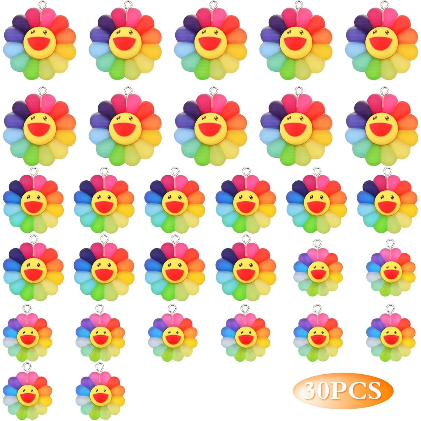 30pcs Colorful Smiley Face Sunflower Charms Matte Resin Rainbow Sun Flower Dangle Pendants Collection Crafts for DIY Bracelet Necklace Earring Jewelry Making, 3 Sizes