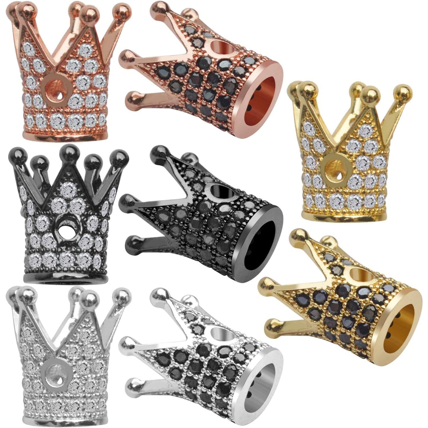 Mixed Color Brass Crown Spacer Beads, 8pcs Micro Pave Cubic Zirconia CZ King Crown Charm Loose Beads for DIY Jewelry Making and Crafting, 12x8mm