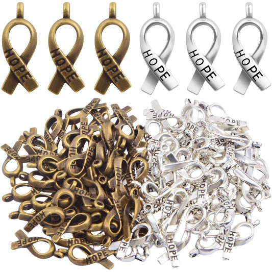 100pcs Hope Breast Cancer Awareness Ribbon Alloy Charms Pendants DIY for Necklaces Bracelets, Antiqued Silver and Bronze