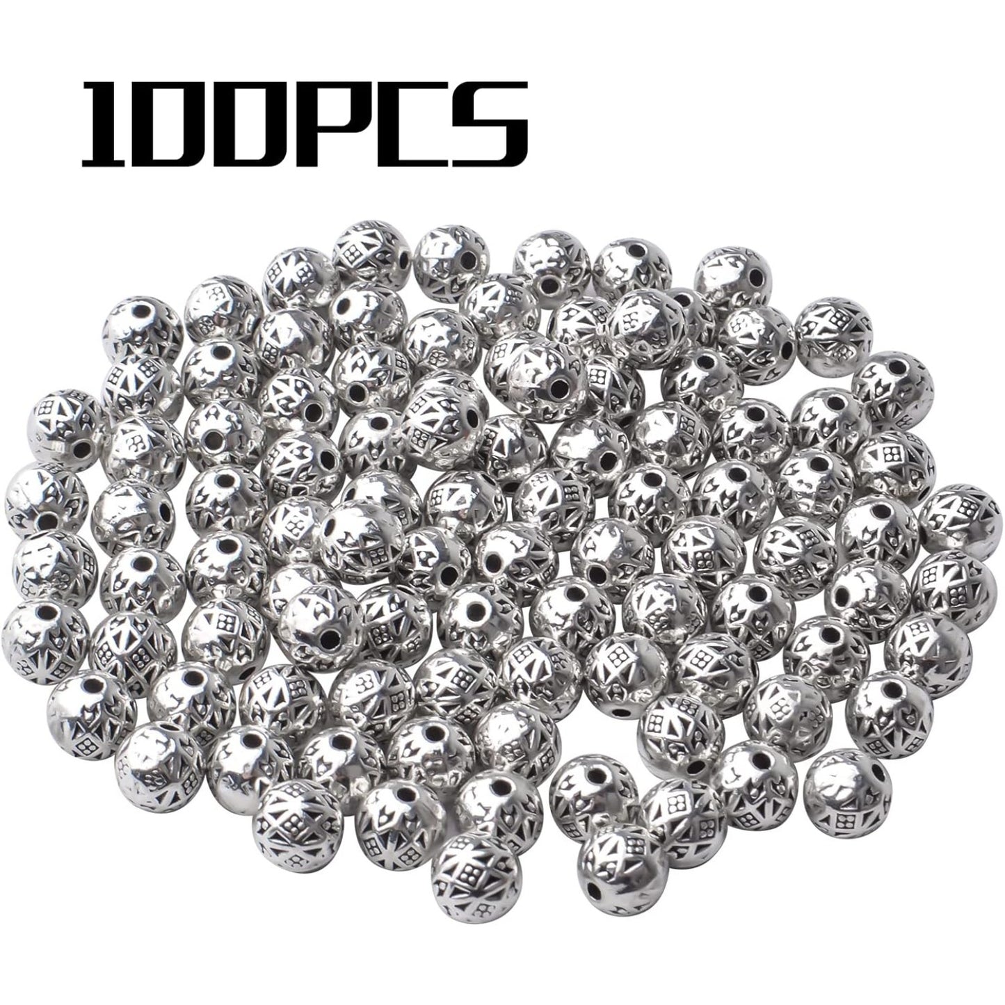 100pcs Antique Silver Tibetan Bead Spacers Alloy Rondelle Ball Spacers Loose Beads Jewelry Round Beads for DIY Crafts Supplies Jewelry Making,6MM