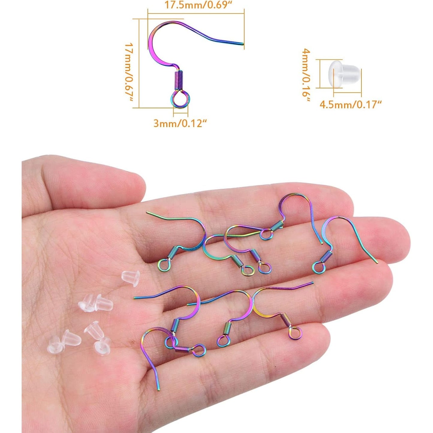 50pcs Stainless Steel Earring Hooks Hypoallergenic French Ear Wire Fish Hooks with 50pcs Clear Earring Safety Backs for DIY Earrings Jewelry Making Supplies, Rainbow Color