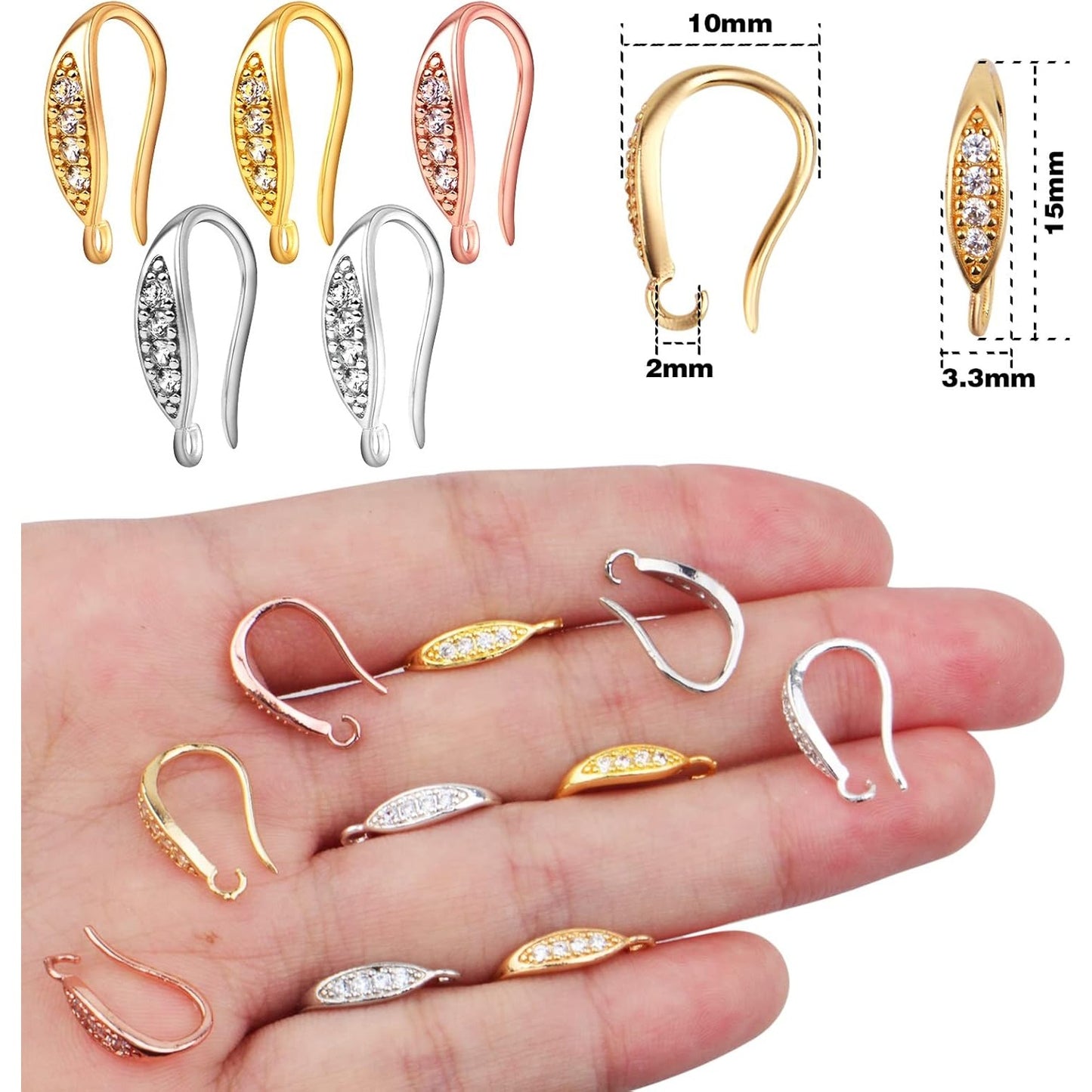 10pcs Cubic Zirconia Earring Hooks Hypoallergenic Brass Ear Wire Fish Hooks with Dangle Loop Rhinestone Earring Connectors for DIY Earrings Jewelry Making, 5 Colors