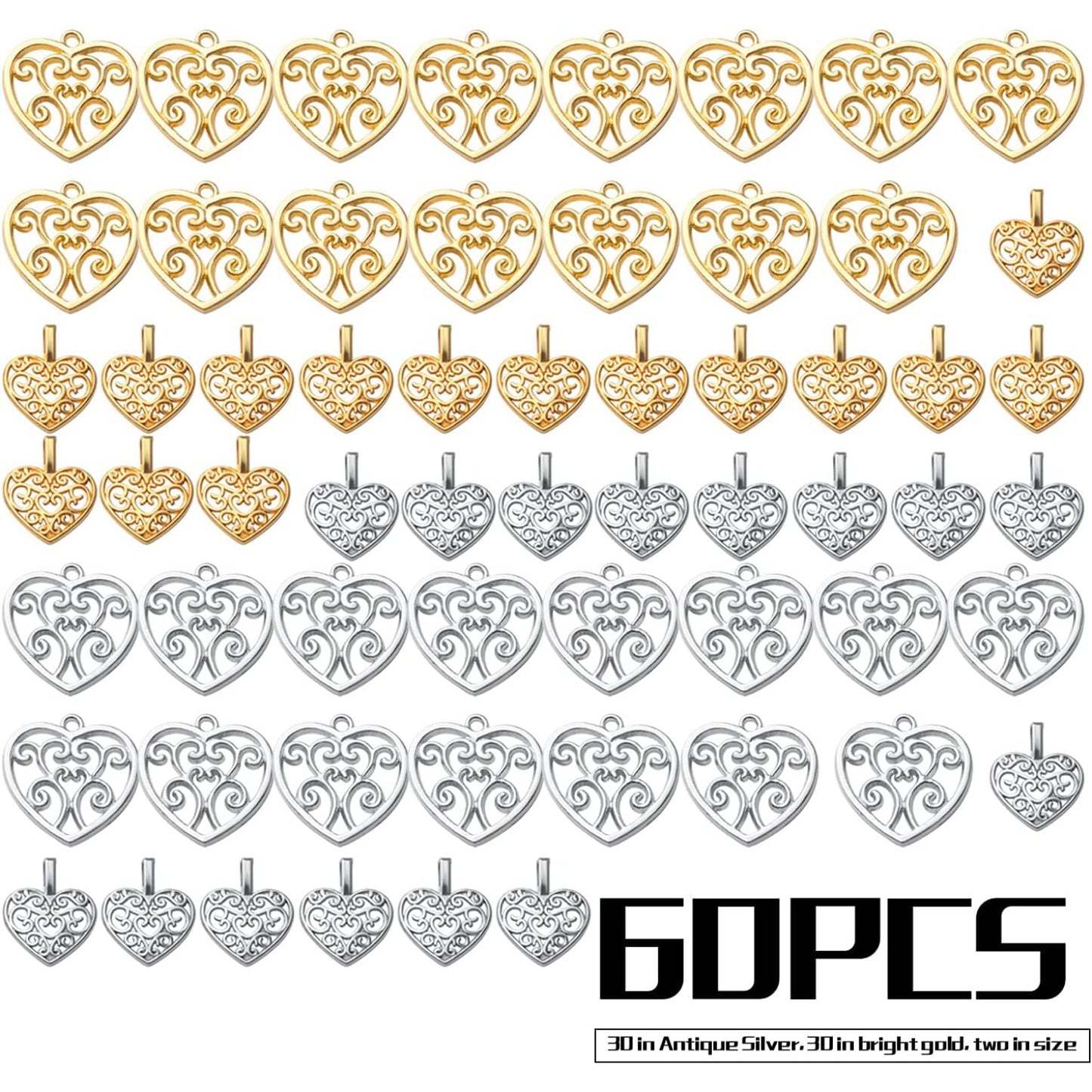 60pcs Heart Charms Tibetan Alloy Filigree Hollow Heart Love Charm Pendants for DIY Earring Bracelet Jewelry Crafts Making,2 Styles