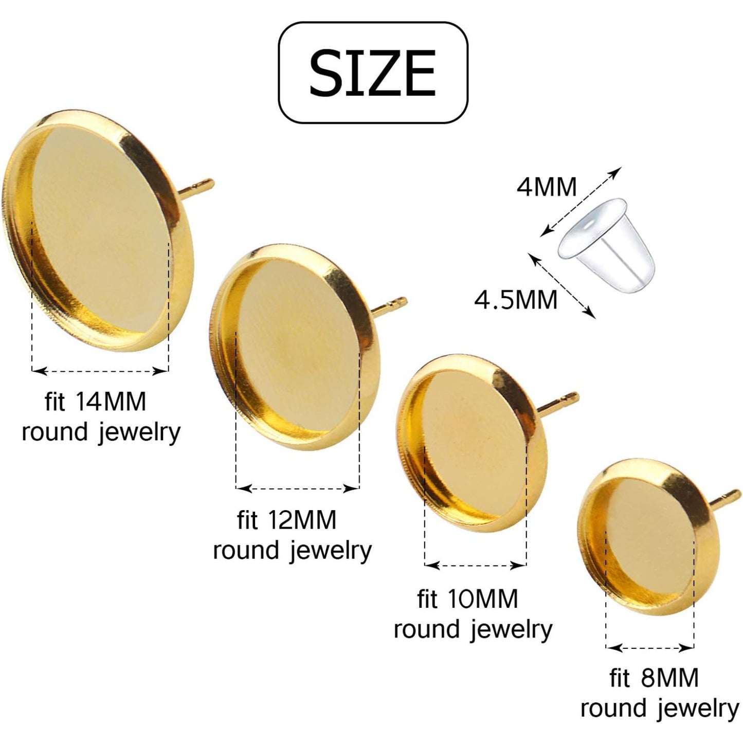 40pcs 4 Size(8mm/10mm/12mm/14mm) Earring Cabochon Setting Post Tray Round Stainless Steel Stud Earring and 40pcs Bullet Earring Backs for DIY Jewelry Making,Gold