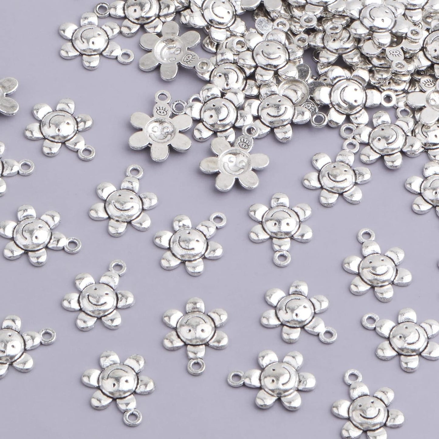100pcs Antique Silver Smiley Sunflower Charms Alloy Sun Flower Smile Face Dangle Pendants Jewelry Findings Accessories for DIY Bracelet Necklace Earrings Crafts Making