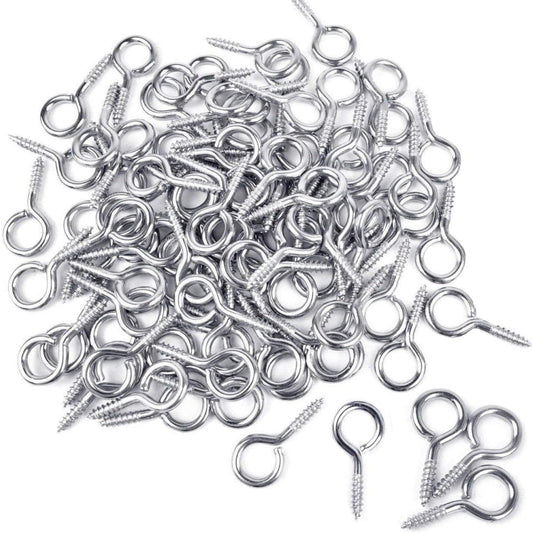 100 Pieces 1 inch Eye Hooks Small Screw Eyes Metal Eye Shape Screw Hooks Self-Tapping Screws Hooks Ring, Silver