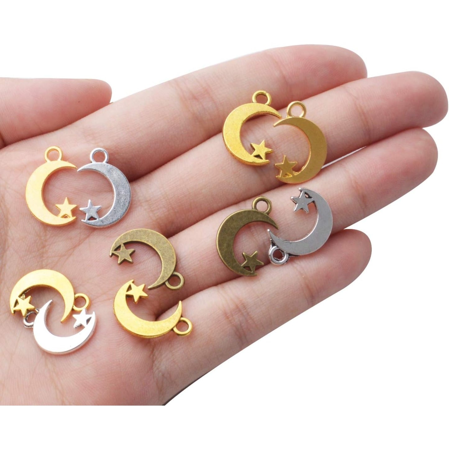 100pcs Alloy Moon Star Charm Pendants Celestial Beads Charms for DIY Earrings Necklace Bracelet Jewelry Crafts Making,4 Colors