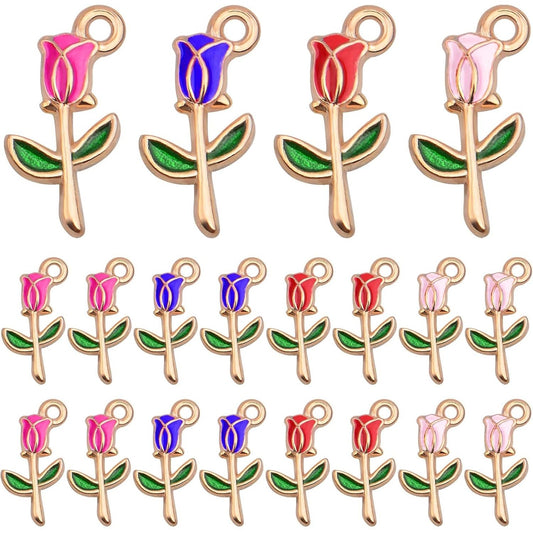 40 Pieces Enamel Rose Flower Pendant Charms Alloy Flower Dangle Pendants Craft Supplies for DIY Necklace Earrings Jewelry Making Valentine's Gifts, 4 Colors