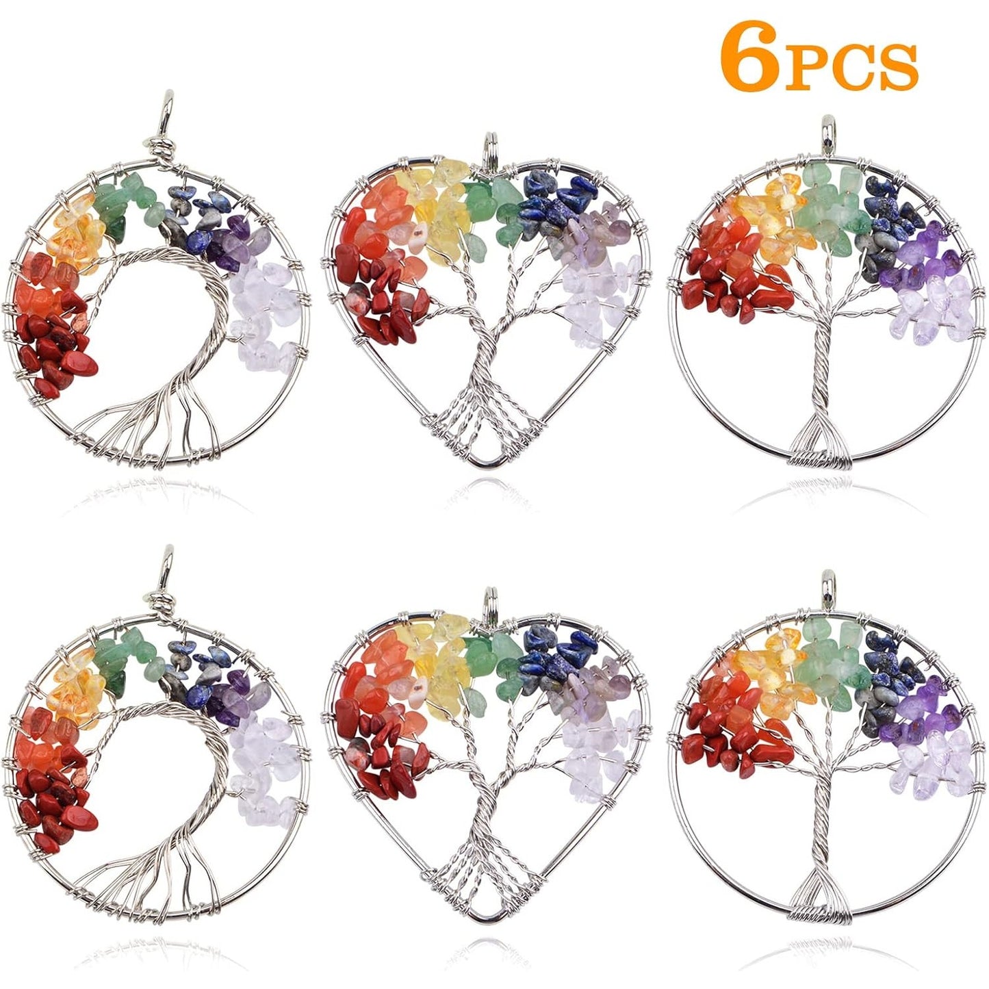 6pcs Tree of Life Charms Colorful Natural Crystal Stone Chakra Positive Gemstone Quartz Life Tree Pendants Good Luck Yoga Charms for DIY Necklace Earrings Keychains Jewelry Making, 3 Styles