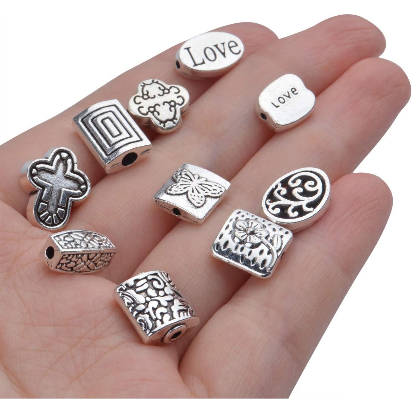 100g (About 70-120pcs) Antique Silver Spacer Beads Mixed Small Tibetan Loose Beads for Bracelet Necklace Jewelry Making,5-12mm