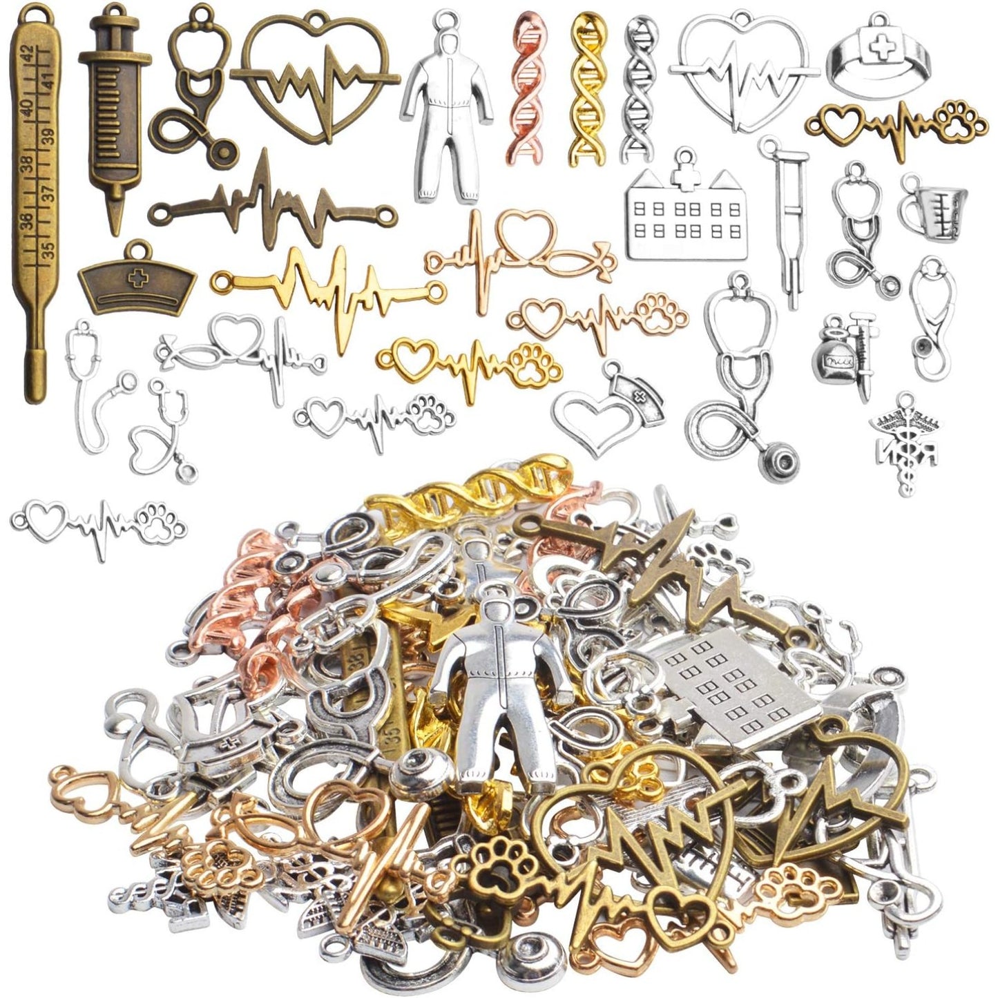 Medical Nurse Charms, 100g(about 40-70pcs) Tibetan Medical Crafts Pendant Mixed Alloy Hospital Nurse Stethoscope Syringe Nurse Cap Hat Charms Accessory for DIY Jewelry Making Crafting