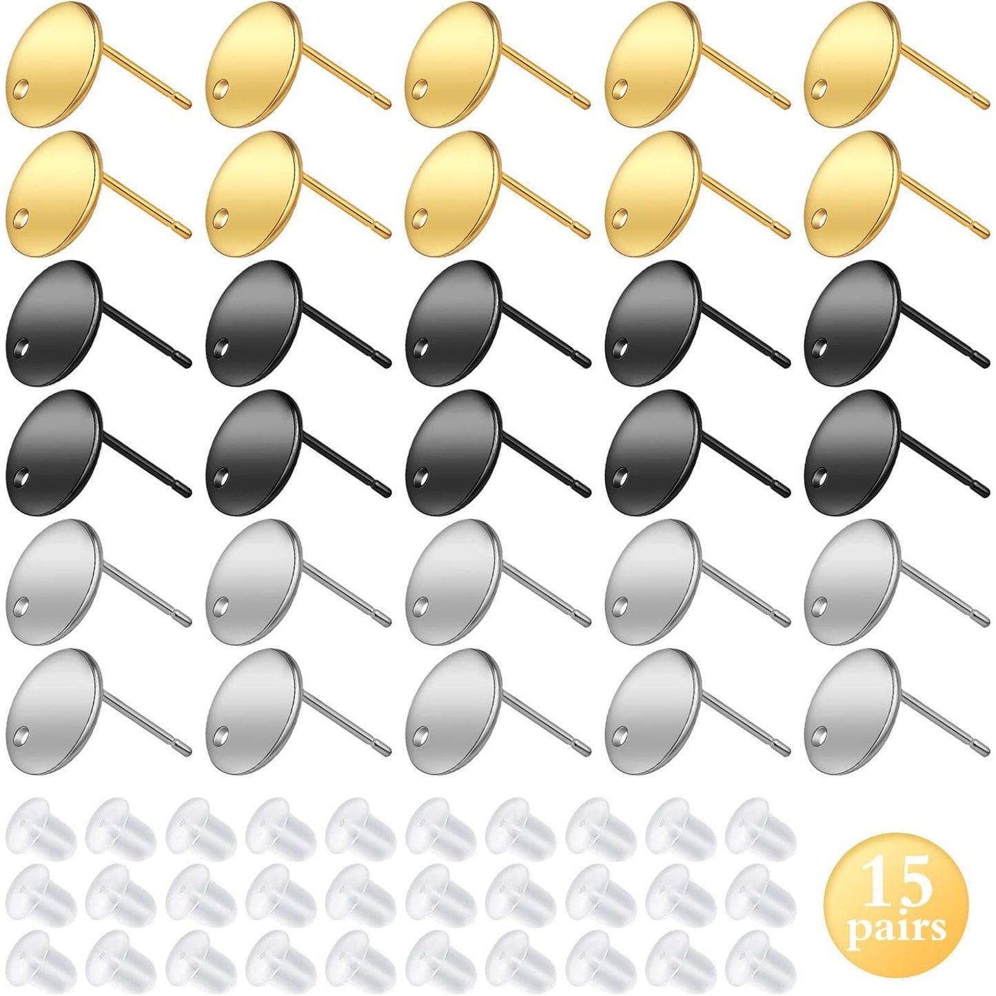 30pcs 3 Colors Stainless Steel Stud Earrings Flat Round Pad Earring Posts Findings with Hole and 30pcs Clear Silicone Earring Backs for Women DIY Jewelry Making