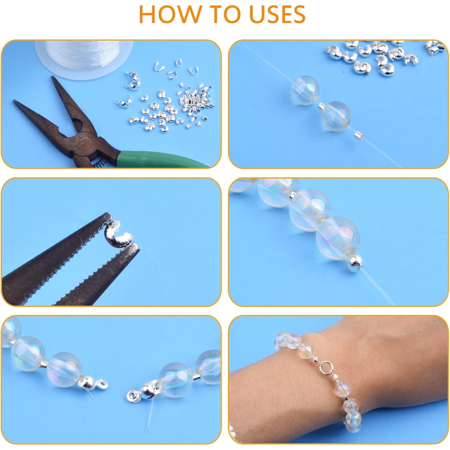 900pcs Silver Metal Tube Crimp Beads Half Round Open Crimp Beads Knot Covers Wire Guardians Bead End Tips with a Box for DIY Bracelet Necklace Jewelry Making Supplies, 4 Styles