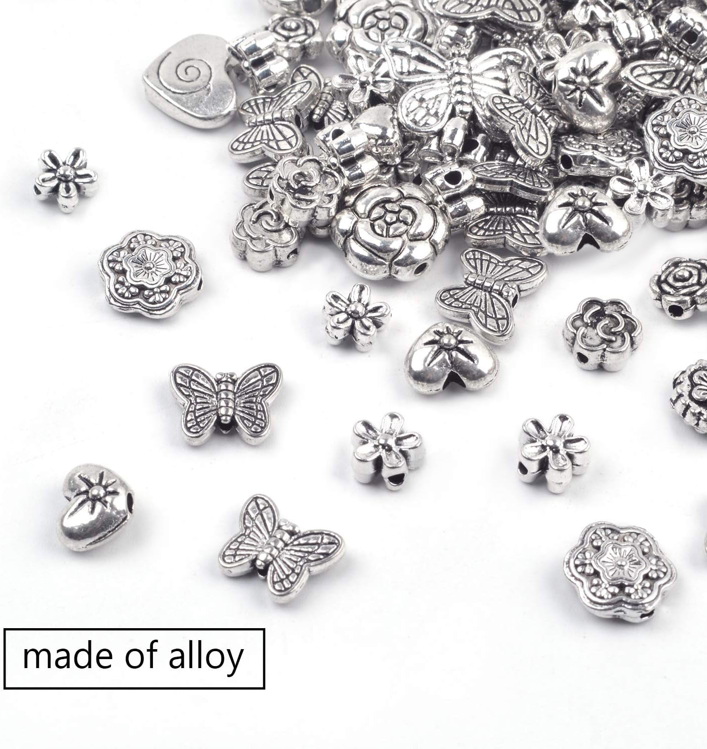 100 Gram(About 130-170pcs) Antique Tibetan Silver Alloy Butterfly Flower Beads Charm Bead Spacers Jewelry Findings Accessories for Bracelet Necklace Jewelry Making