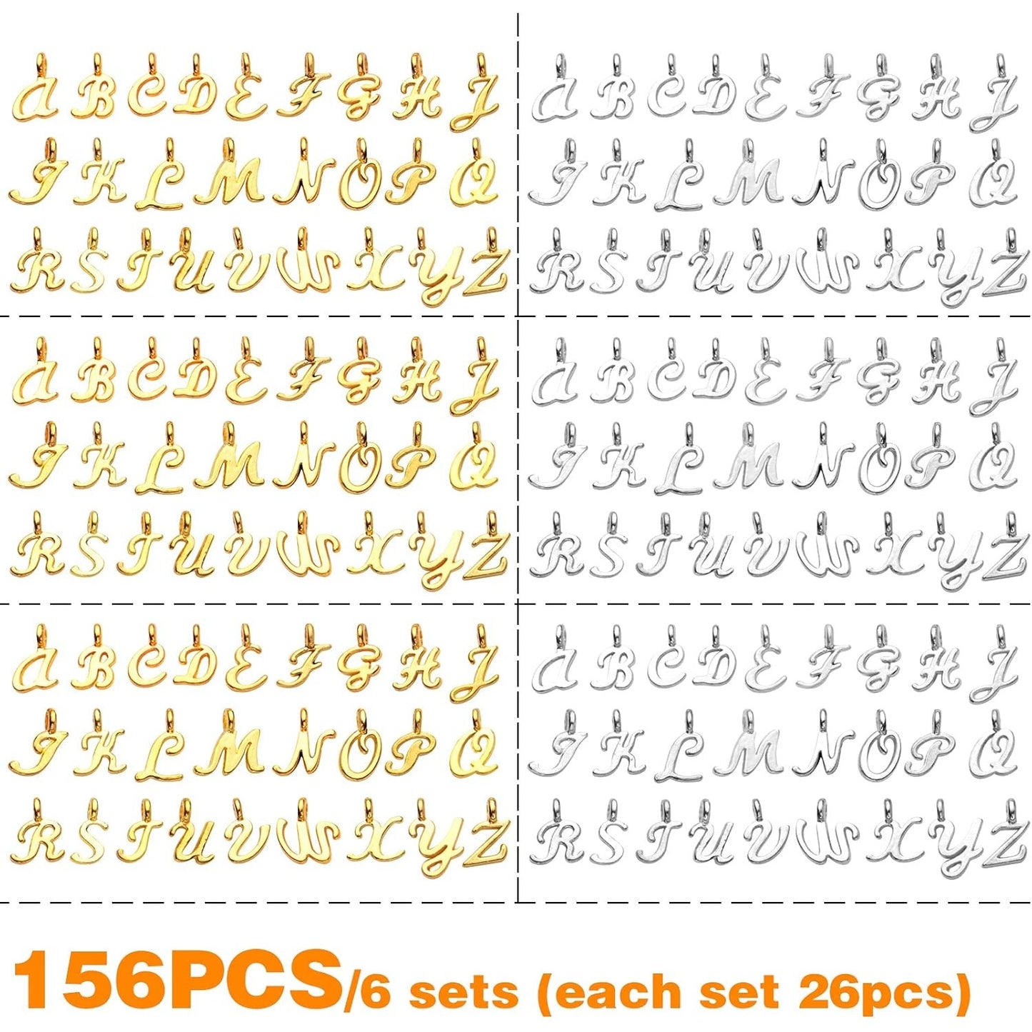 156pcs/6 Sets Alphabet ABC Letter Charms Alloy A-Z Pendants Alphabetic Charms Loose Beads DIY Necklace Bracelet Earrings Crafts Jewelry Making, Gold and Antique Silver