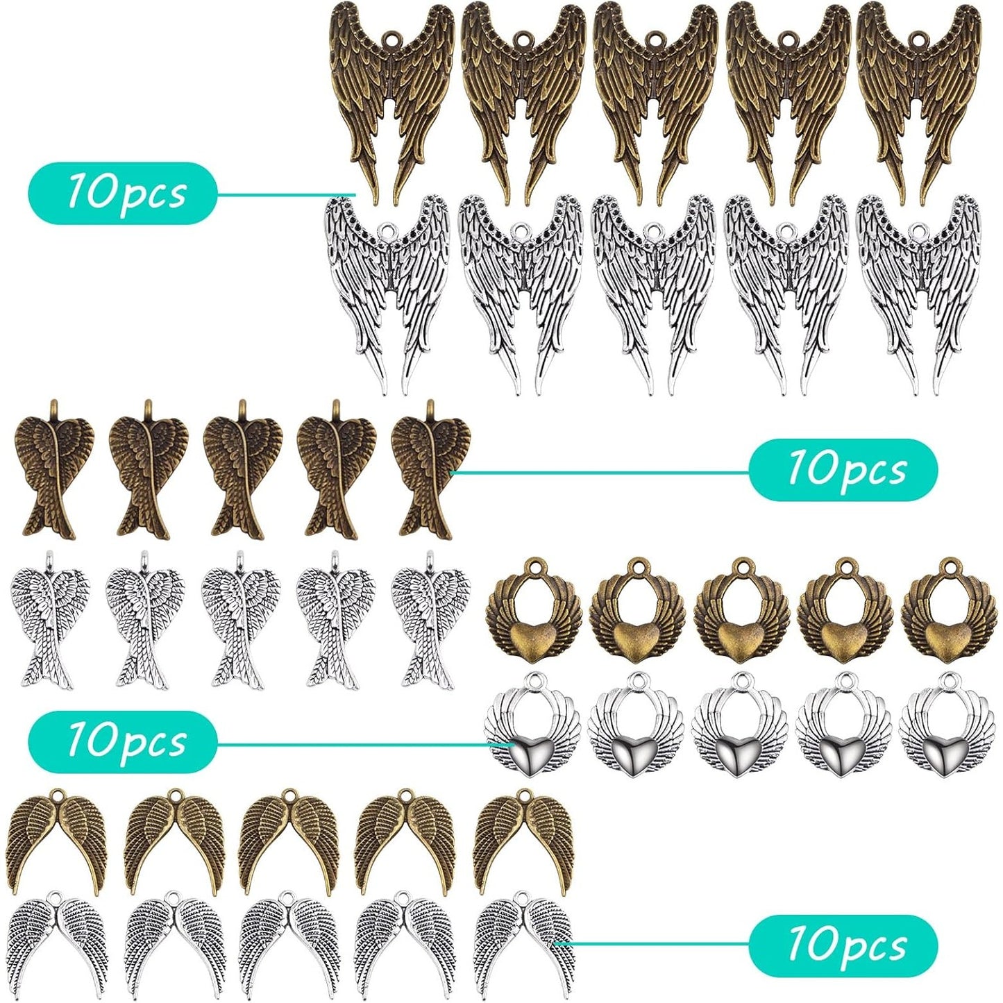 40pcs 4 Styles Angel Double Wing Charms Tibetan Style Alloy Fairy Wing Feather Bead Pendants Ornaments for DIY Craft Earring Necklace Jewelry Making Findings, 2 Colors