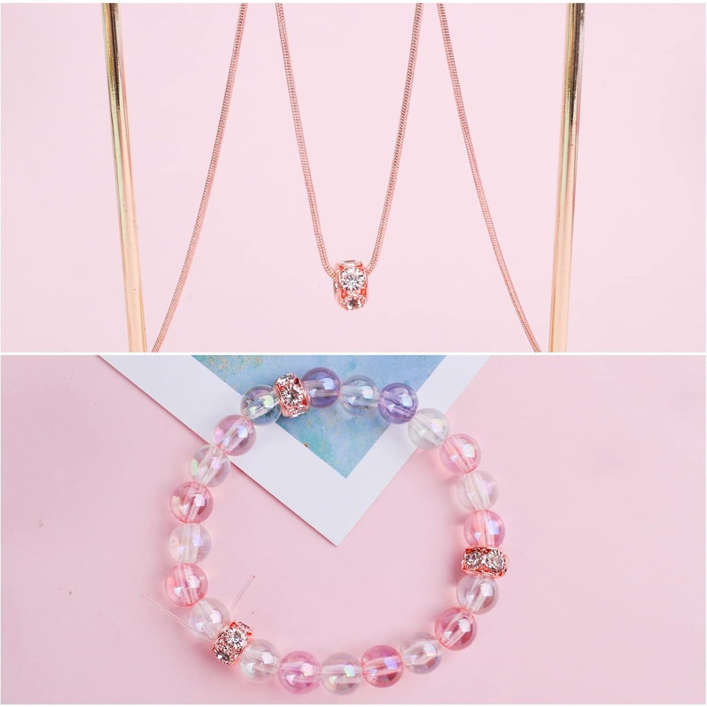 40pcs Rose Golden Crystal Rhinestone Spacer Beads European Large Hole Rondelle Beads for DIY Bracelet Snake Chain Jewelry Making Handmade Decor, Hole: 3.9 mm