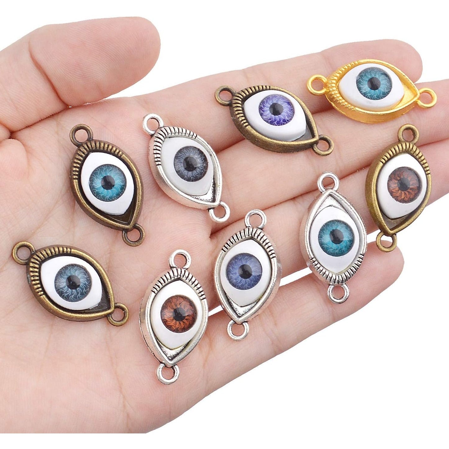 30pcs Antique Eye Shaped Charms Mixed Evil Eye Pendants with 2 Large Holes for Crafting Jewelry Making