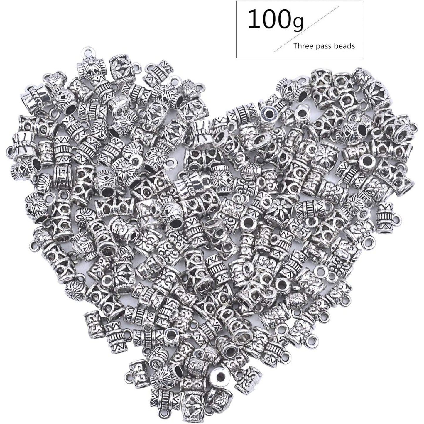 100g (About 130-170pcs) Mixed Antique Tibetan Silver Bail Beads,Spacer Bead,Bail Tube Beads,Bracelet Charms,Necklace Pendants for Jewelry and Craft Making(Small Size)