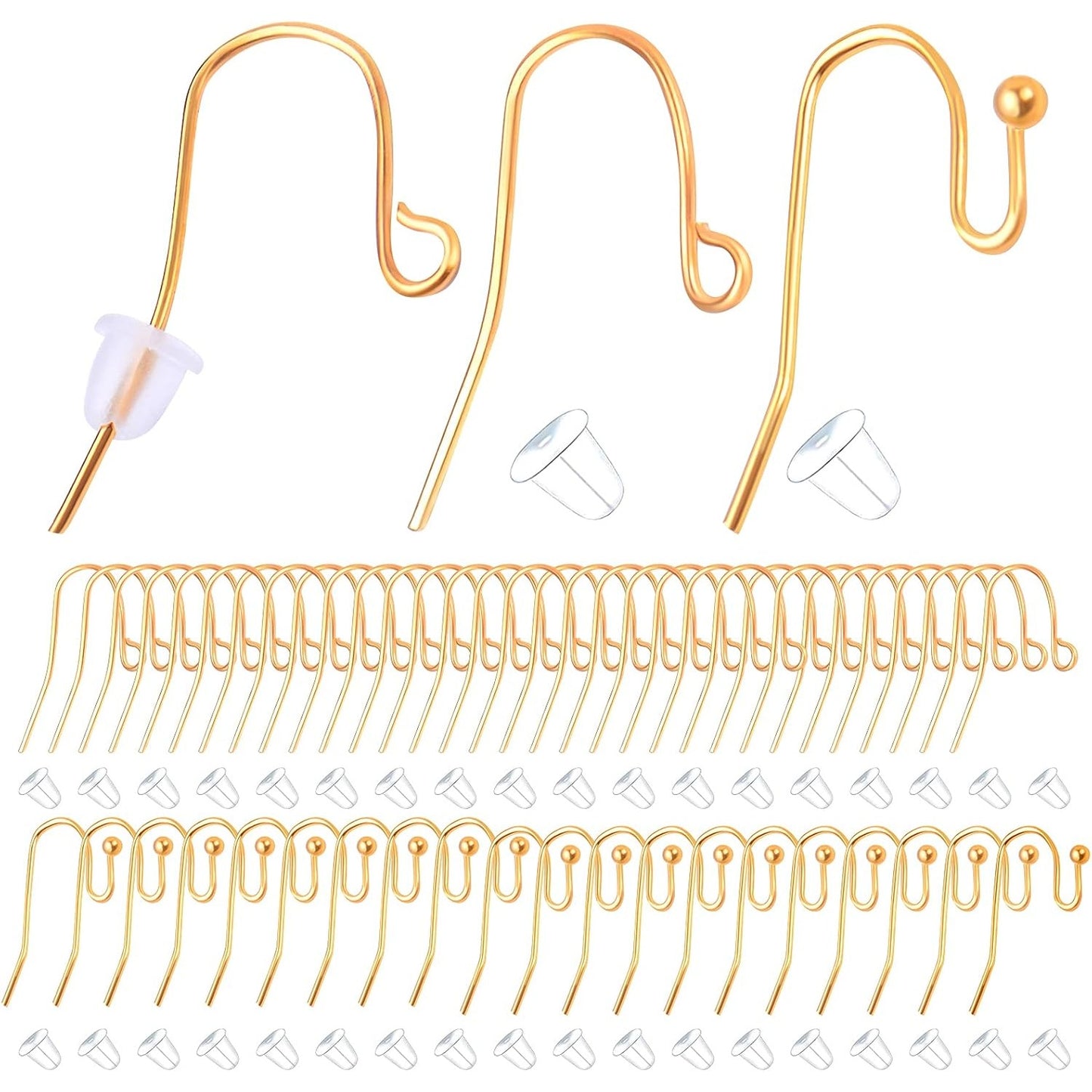 200pcs Gold Hypo-allergenic French Earring Hooks Ear Wire Ball Dots Fish Hooks Dangle Earring Findings and 200pcs Clear Rubber Earring Safety Backs, 2 Styles