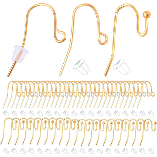 200pcs Gold Hypo-allergenic French Earring Hooks Ear Wire Ball Dots Fish Hooks Dangle Earring Findings and 200pcs Clear Rubber Earring Safety Backs, 2 Styles