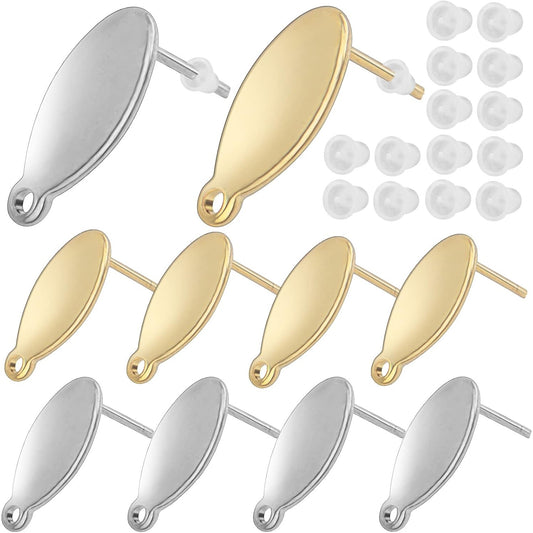 20pcs Stainless Steel Oval Earring Post with Loop Hypoallergenic Stud Earring Findings and 20pcs Earring Backs Stoppers for DIY Jewelry Making