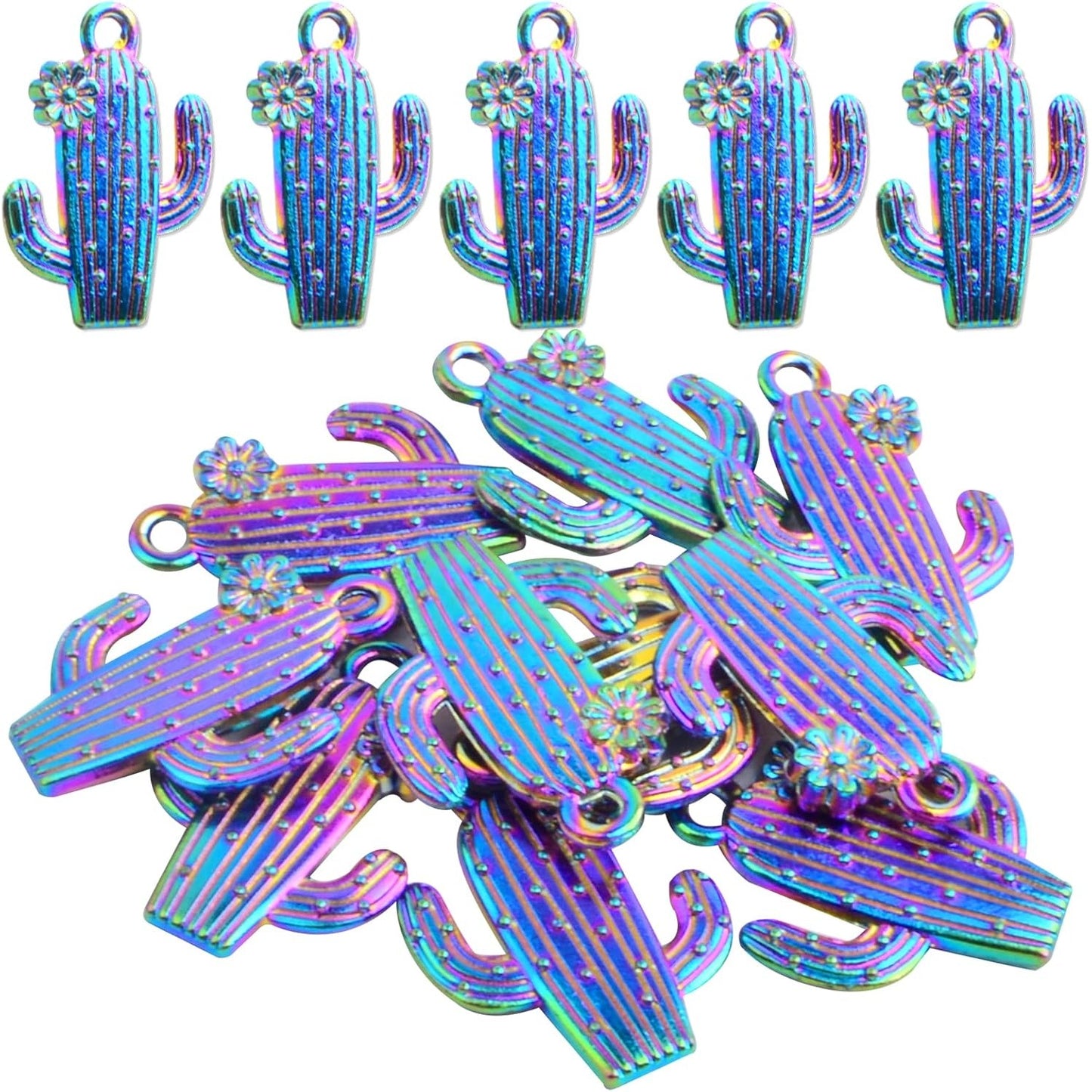 10pcs Alloy Cactus Flower Pendant Charms Tropical Summer Desert Plant Cactus Charms Craft Supplies for DIY Necklace Bracelet Earrings Jewelry Making, Rainbow Color