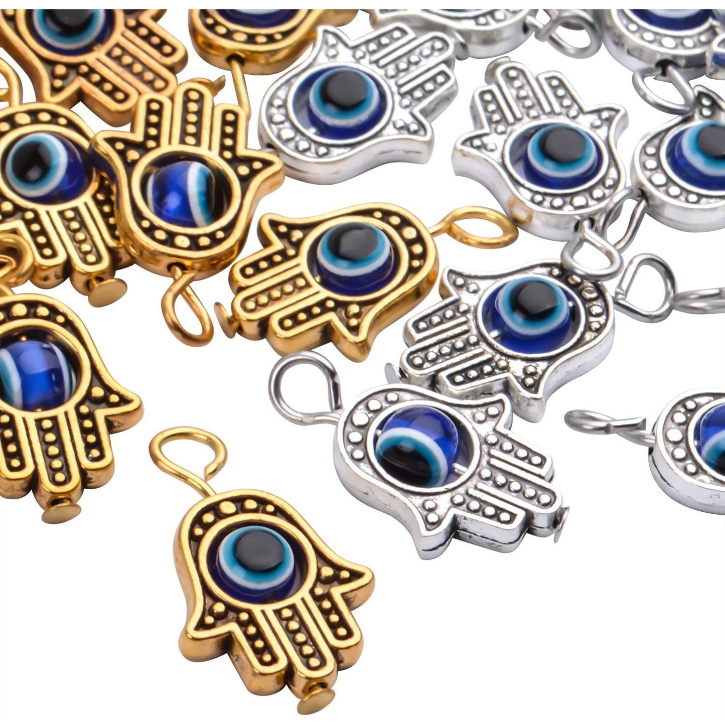 Hamsa Hand Beads Frame Charms,30 Pieces of Hamsa Evil Eye Pendant Hand of Fatima Symbol Charms Jewelry Making Findings for DIY Necklace Bracelet(Gold & Silver & Bronze)