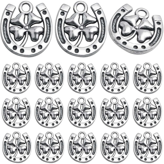 50pcs Antique Silver Horseshoe Charms Alloy Four Leaf Clover Pendants U Shaped Lucky Clover Horseshoe Charms for DIY Bracelet Necklace Jewelry Making Crafting, Hole: 2.7 mm