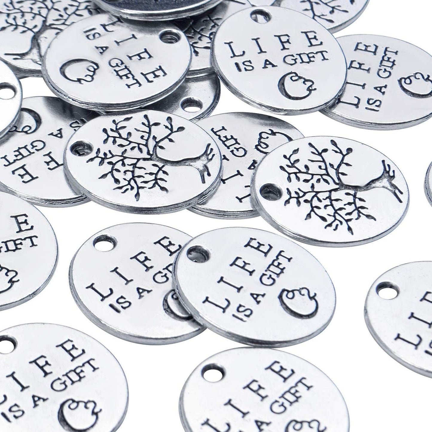 Inspirational Words Charms, 30pcs Lettering Saying Pendants (LIFE IS A GIFT) Tree of Life Charms Beads Jewelry Findings for DIY Necklace Bracelet - Double-Sided Design