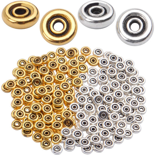 200pcs 6mm Flat Round Disc Alloy Rondelle Spacer Beads Craft Supplies for Bracelet Necklace Jewelry Making,2mm Hole