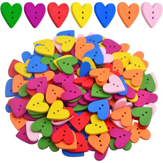 200pcs Colorful Wooden Heart Buttons with 2 Holes Love Heart Shaped Wood Craft Buttons Embellishments for DIY Clothes Sewing Scrapbooking Valentine's Day Decoration