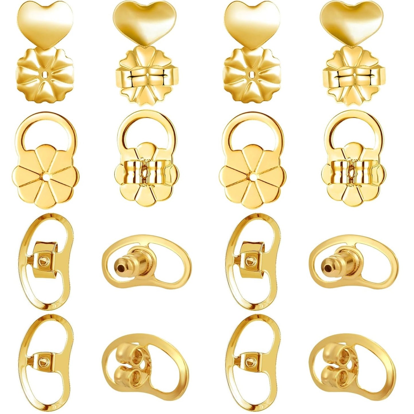 16pcs Earring Backs for Droopy Ears, Adjustable Heavy Earrings Lifters Backs Brass Secure Ear Support Backings Stoppers Repacements for Studs Droopy Earlobe Hoops, 4 Styles