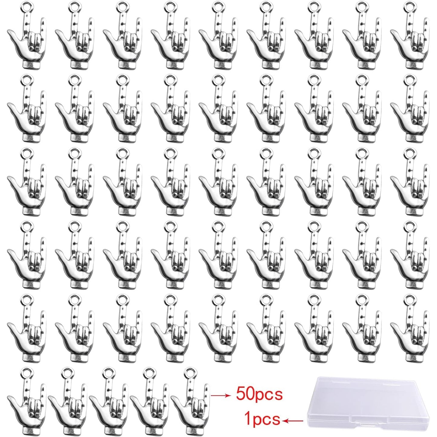 50 Pieces Antique Silver Hand Symbol Pendant Charms Alloy Non-Verbal I Love You Hand Sign Pendants with a Plastic Box for DIY Bracelet Necklace Jewelry Making Findings