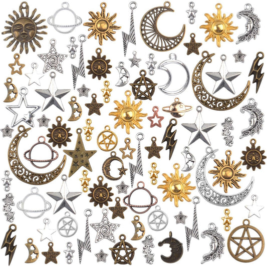 Celestial Charms,100 Gram(About 80-90 Pieces) Mixed Sun Moon Star Charms Antique Alloy Pendants for Jewelry Making and Crafting