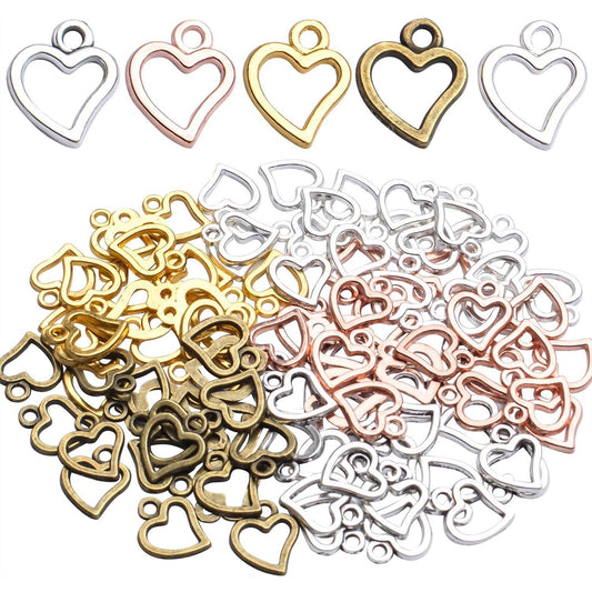Heart Pendant Charms, 100 Pcs Tibetan Hollow Heart Shape Charms Alloy Love Pendants for Jewelry Making Crafting, Golden, Rose Golden, Antique Silver, Bright Silver and Antique Bronze