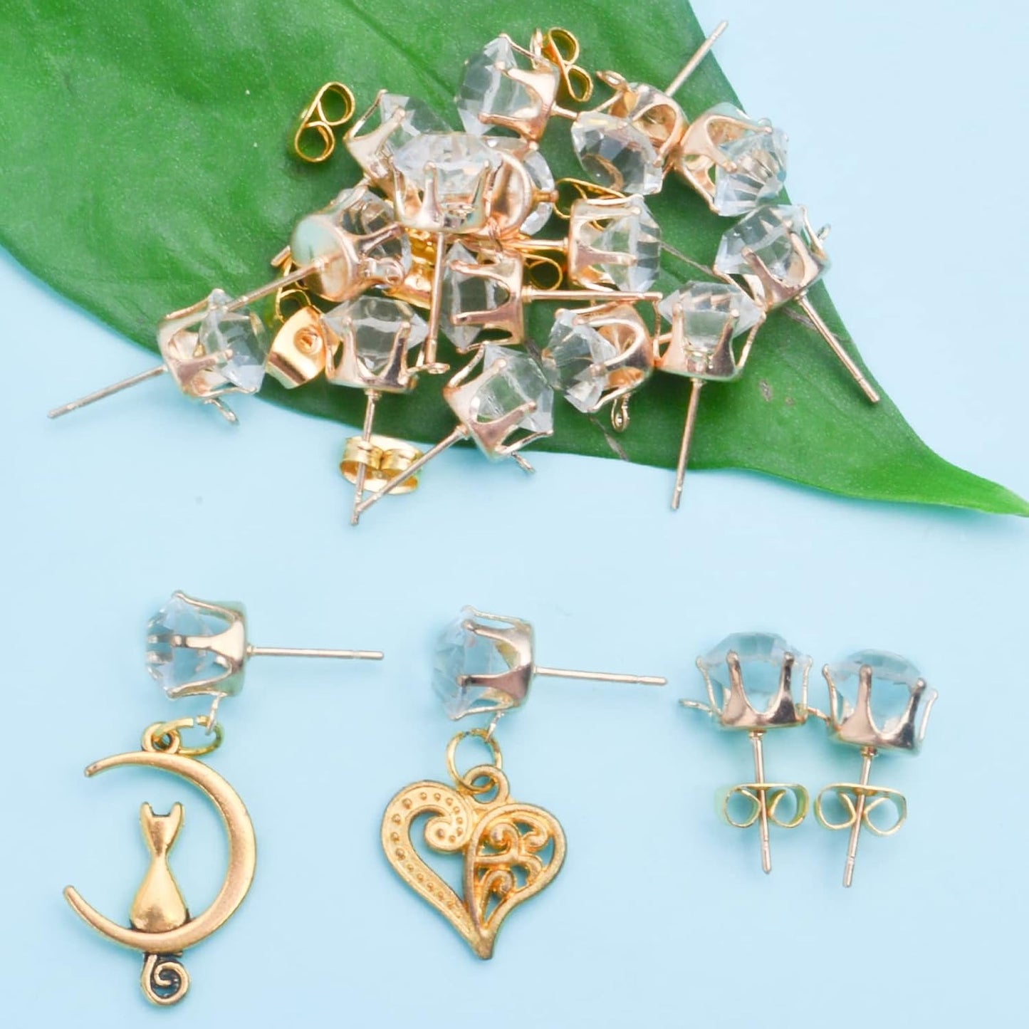 60pcs Rhinestone Earrings Posts with Loop Hypoallergenic Crystal Earring Studs and 60pcs Butterfly Earring Backs for DIY Jewelry Making Accessories, KC Golden