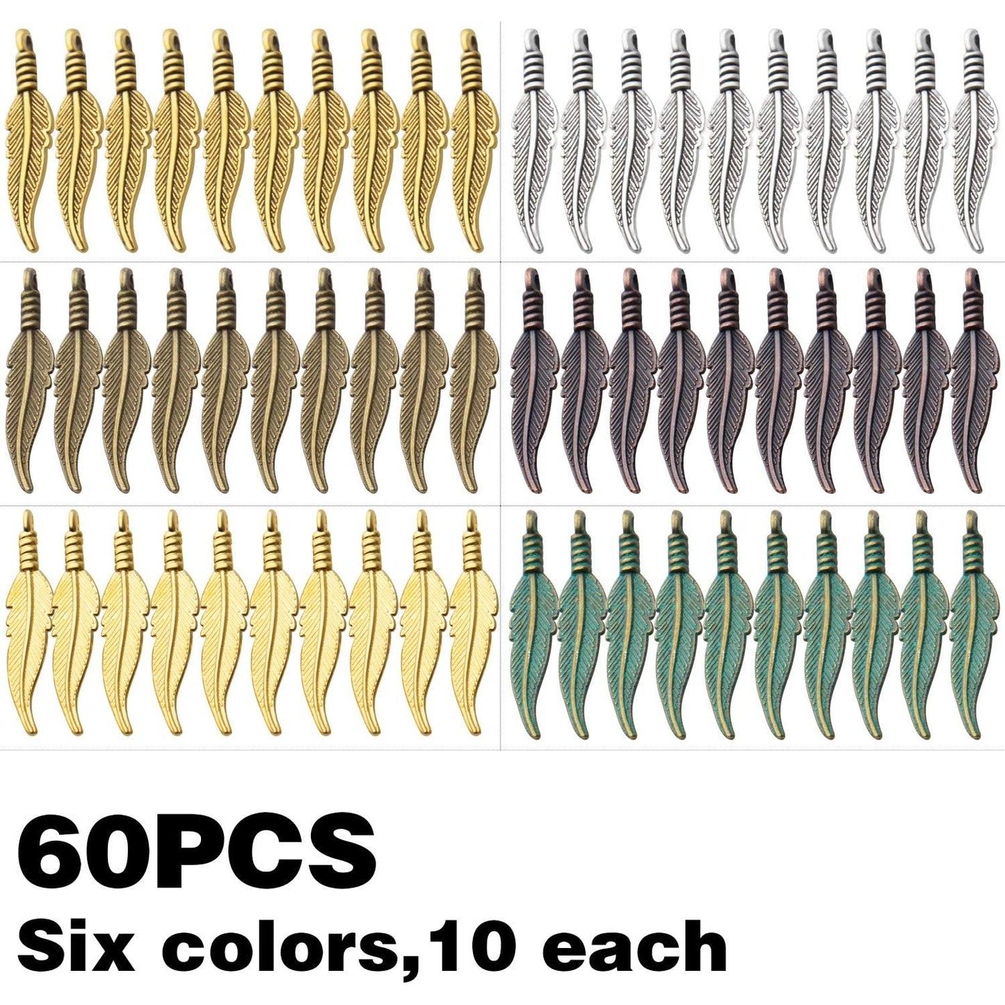 60pcs Craft Supplies Feather Charms Pendants Tibetan Alloy Leaf Charms for DIY Earring Necklace Jewelry Making Accessory,6 Colors