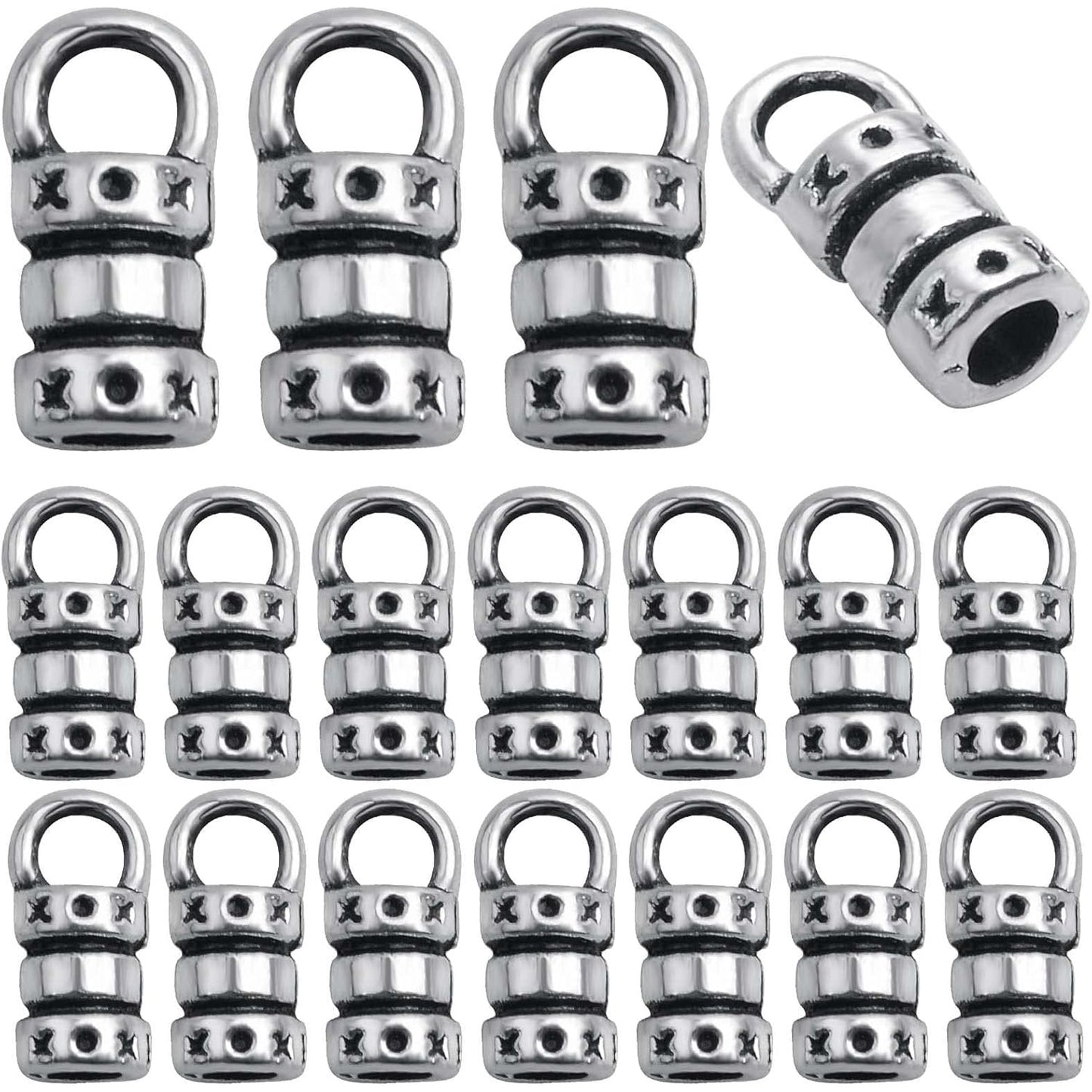 100pcs Antique Silver Cord End Caps Tibetan Alloy Leather Tassel Caps Barrel Leather Cord Link Buckle Tips Glue-in End Caps Accessories for DIY Bracelet Necklace Jewelry Making