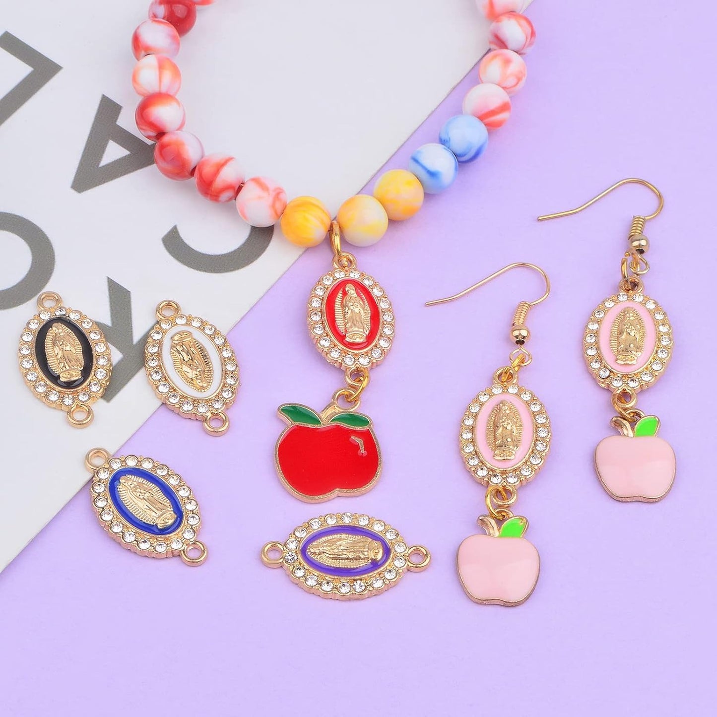 30pcs Alloy Enamel Virgin Mary Charms Links Rhinestones Our Lady Miraculous Medal Charms Crucifix Connection Bracelet Pendant for DIY Necklace Jewelry Making, 6 Colors
