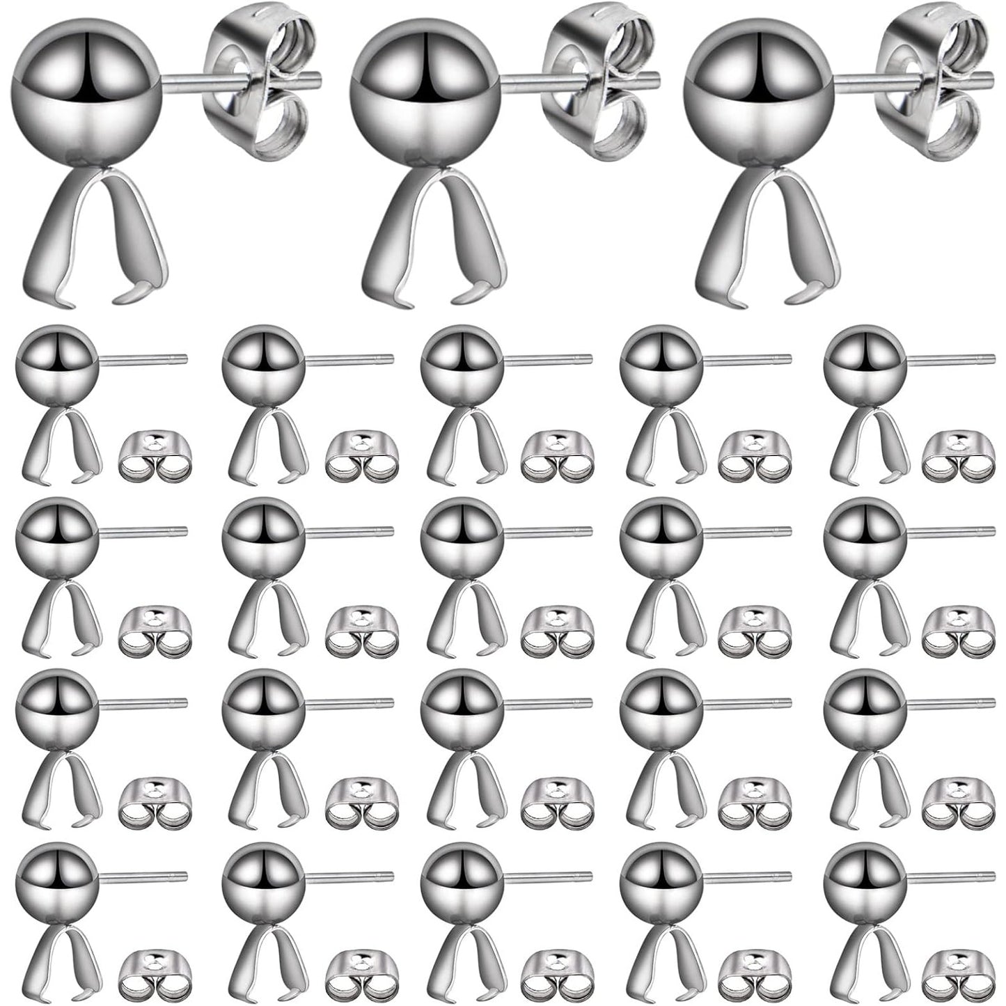 30pcs Stainless Steel Ball Post Earring Studs with Pendant Claps Round Ball Earring Posts and 30pcs Butterfly Earring Backs Set for DIY Jewelry Making Supplies