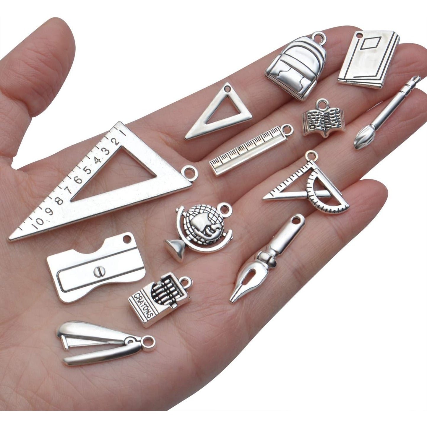 40pcs Craft Supplies Antique Silver Alloy School Teacher Charms Pendant Ruler Pencil Compasses Charm Pendants for DIY Jewelry Making Crafting Findings Accessory