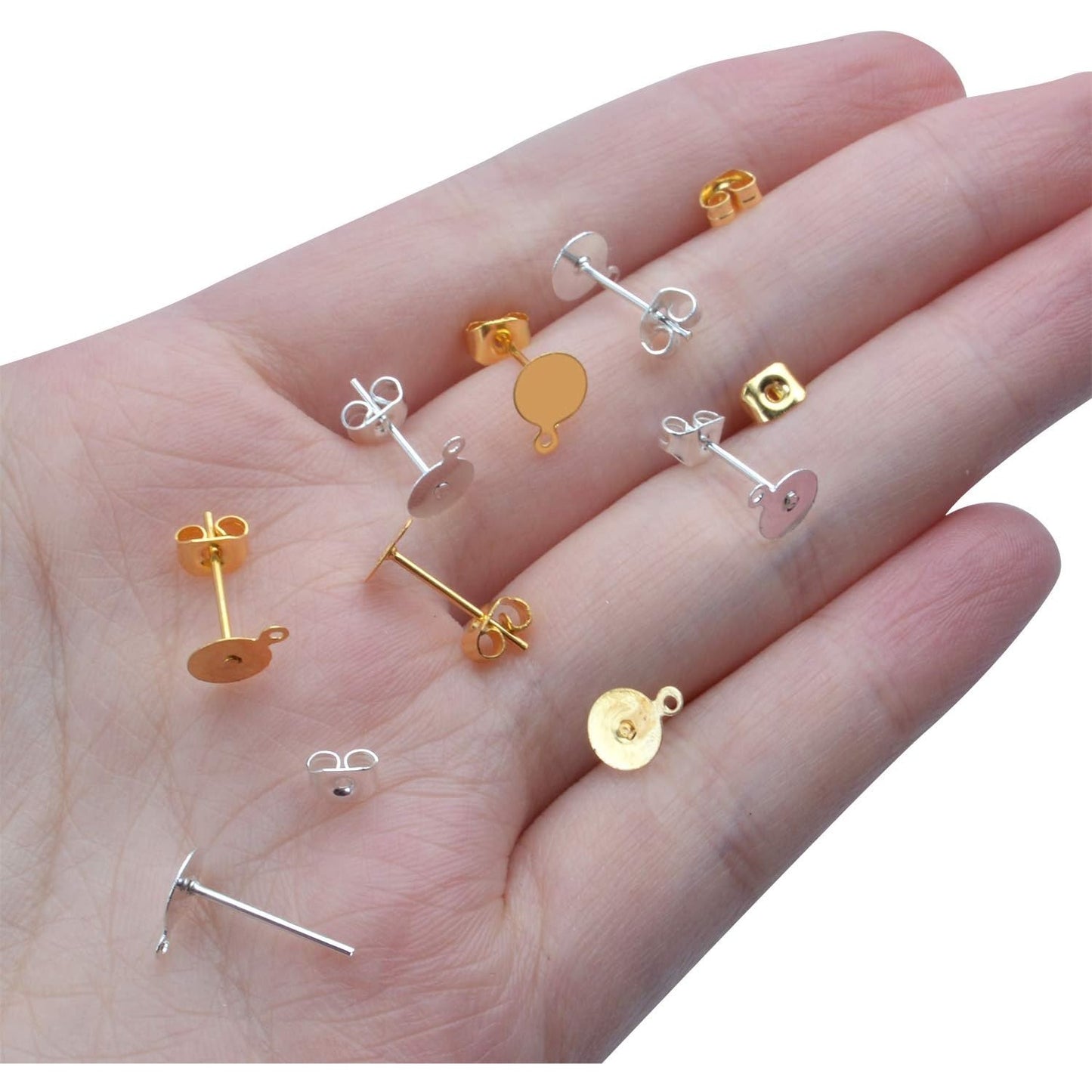 200pcs Stainless Steel Earrings Posts Flat Pad with Loop and 200pcs Butterfly Earring Backs for Earring Making,Gold & Silver