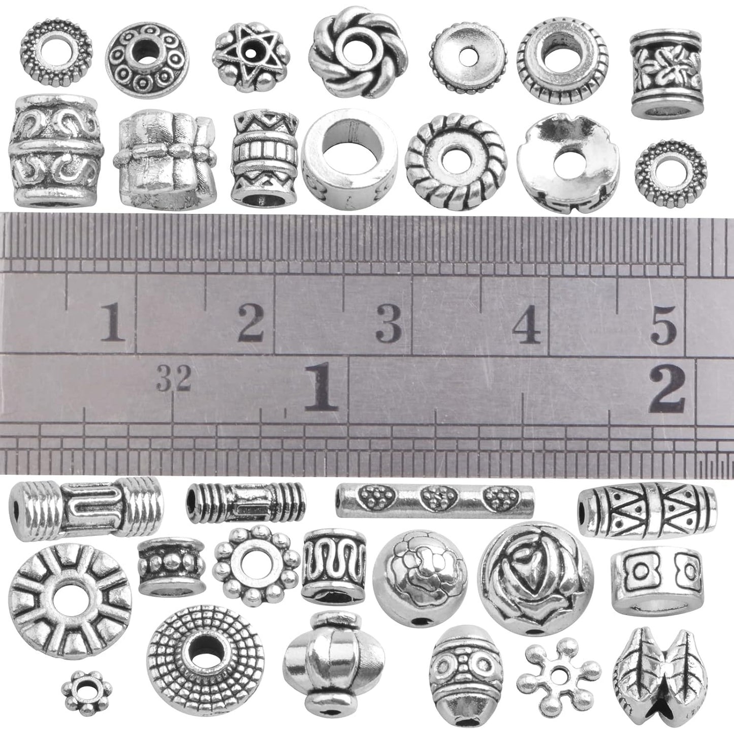 100 Gram Tibetan Antique Silver Spacer Beads Random Mixed Styles Alloy Flower Round Cone Column Loose Spacer Beads Accessories for DIY Crafts Jewelry Making Supplies