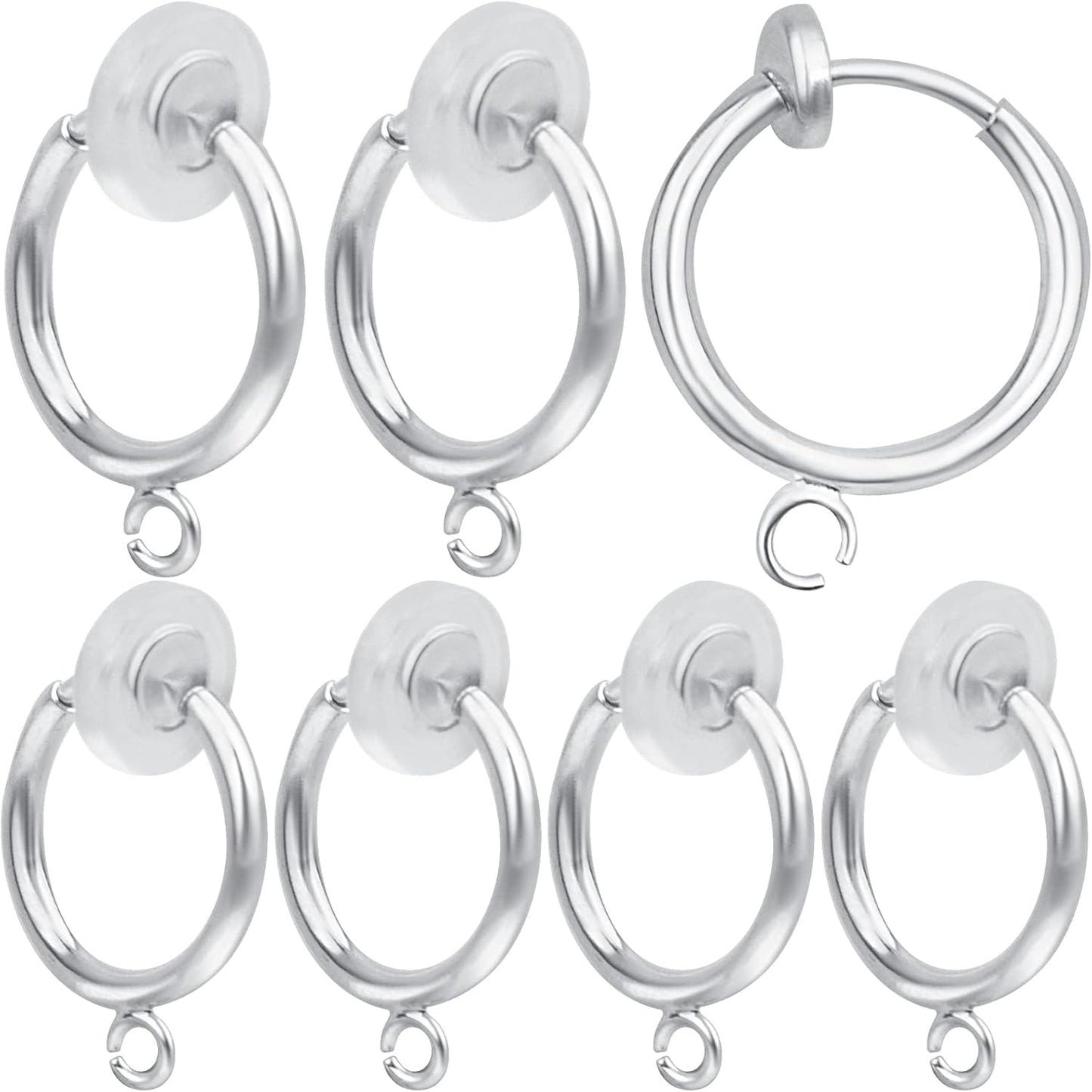 16pcs Brass Clip-on Hoop Earring Converters Round Dangle Ear Clips Classic Earring Findings with Open Loop for Non-Pierced Ears Jewelry Making, Bright Silver