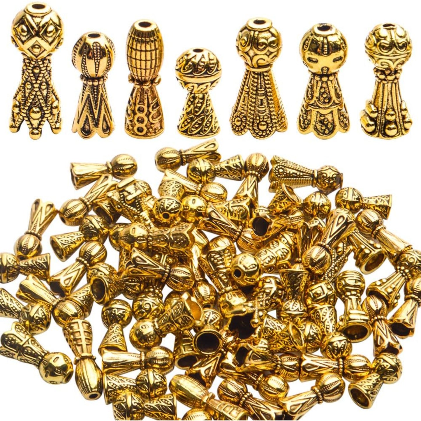Jewelry Bead Caps,100 Gram Antique Golden Bead Caps Tibetan Style Bead Cones Caps Flower Bead End Caps Alloy Bead Terminators with Ball End for Jewelry Bracelet Necklace DIY Craft Making,7 Styles
